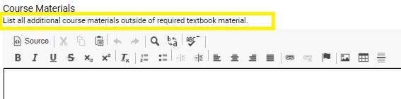 A course materials section showing a rich‑text editor with a highlighted instruction to list all additional course materials outside of required textbook material.