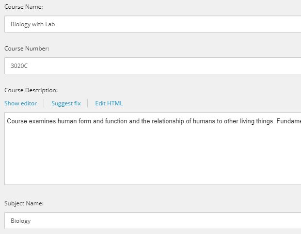 A course information section showing fields for course name, course number, and course description with editing options, along with a subject name field populated with Biology.