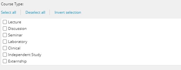 A course type section showing checkboxes for selecting course types, including lecture, discussion, seminar, laboratory, clinical, independent study, and externship, along with options to select all, deselect all, or invert selection.